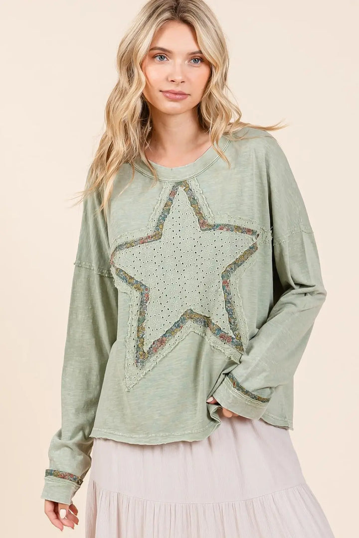 Mittoshop Mineral Wash Star Patch Long Sleeve T-Shirt Trendsi