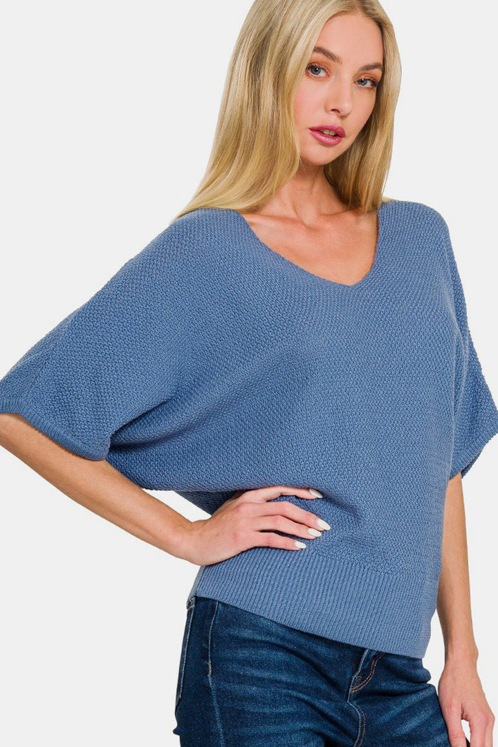 Zenana V-Neck Short Sleeve Dolman Sweater Trendsi