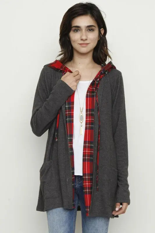 Plus Hooded plaid Trimmed Cardigan EG fashion