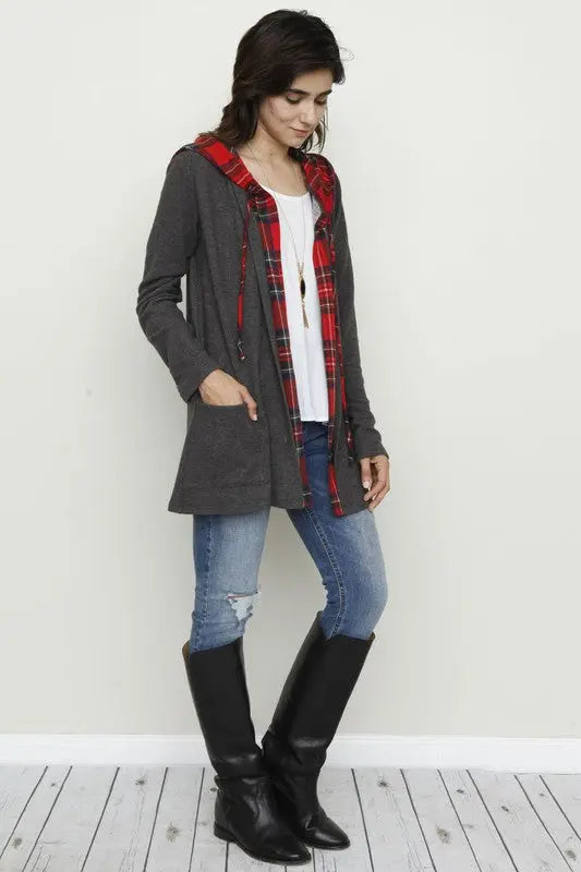 Plus Hooded plaid Trimmed Cardigan EG fashion