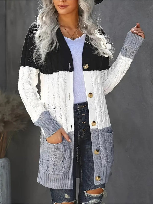 Cable knit button cardigan with pocket EG fashion