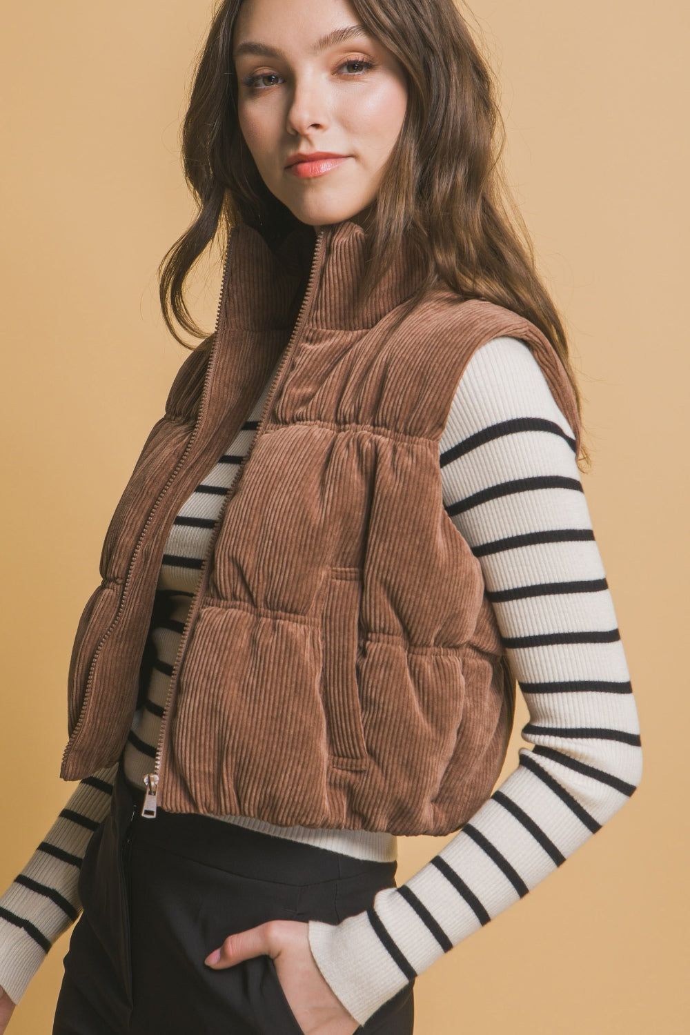 Love Tree Corduroy Zip Up Puffer Vest with Pockets Trendsi