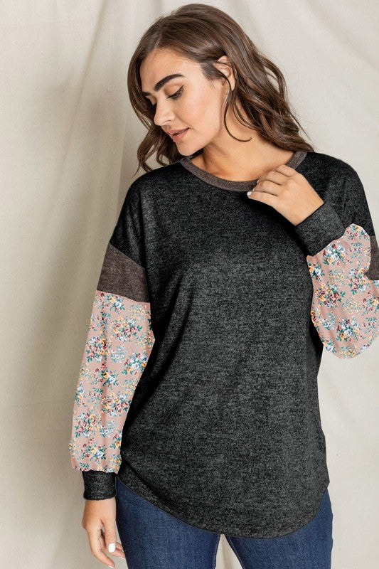 Floral Bishop Sleeve Color Block Tunic EG fashion