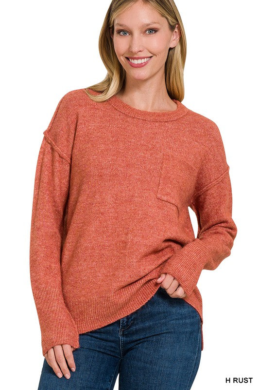 Melange Hi-Low Hem Round Neck Sweater ZENANA