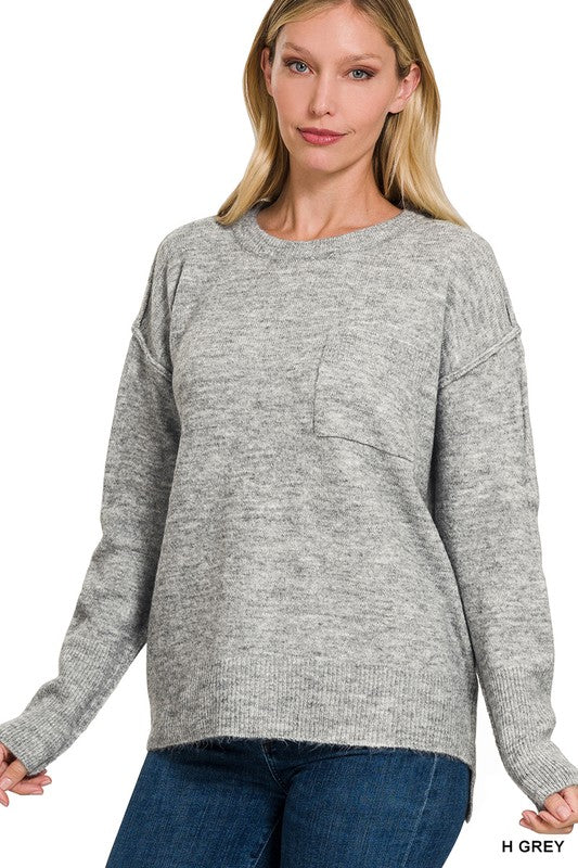 Melange Hi-Low Hem Round Neck Sweater ZENANA