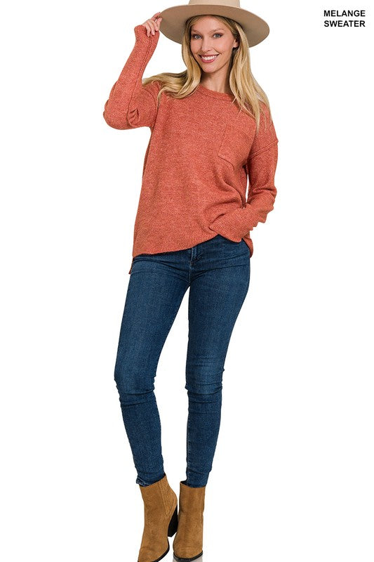 Melange Hi-Low Hem Round Neck Sweater ZENANA