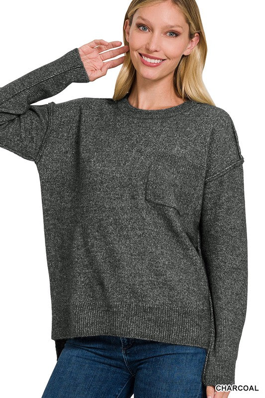 Melange Hi-Low Hem Round Neck Sweater ZENANA