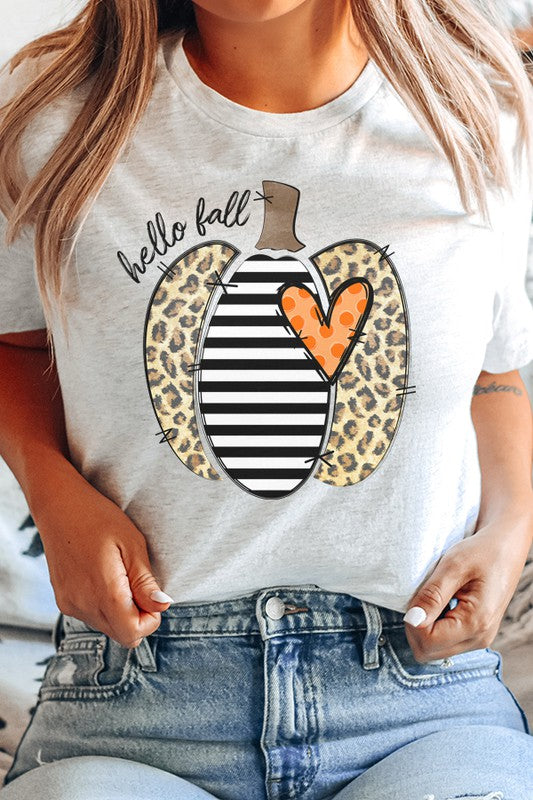 Hello Fall Striped Leopard Pumpkin Graphic Tee Cali Boutique