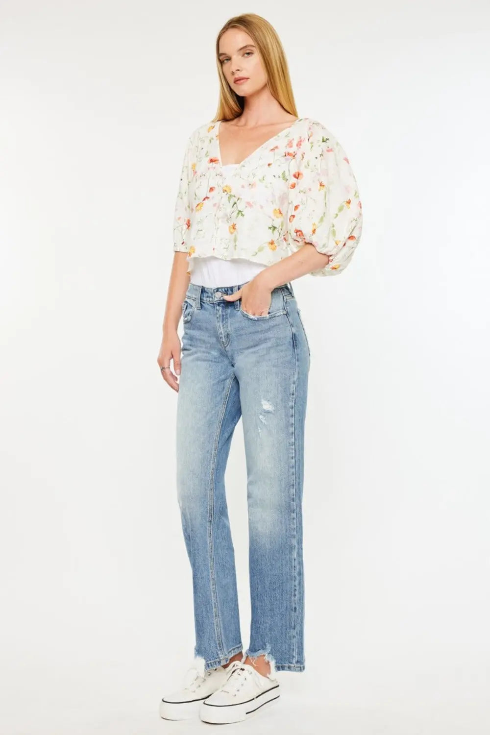 Kancan Mid Rise Frayed Hem Straight Jeans Trendsi