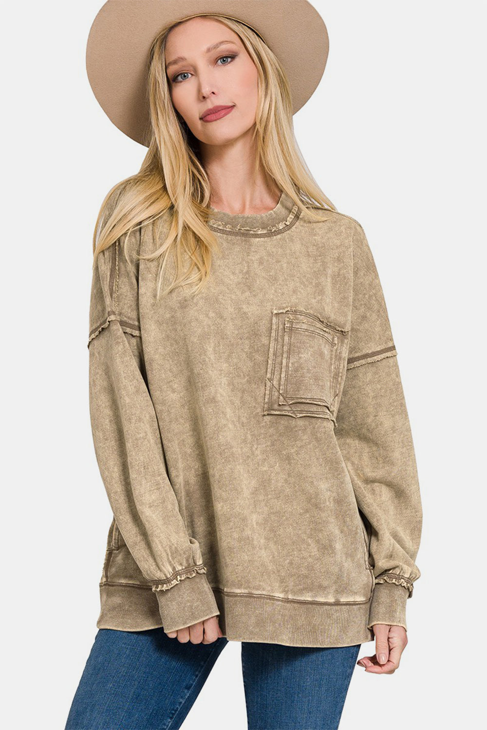 Mocha Exposed Seam Trendy Sweatshirt Trendsi