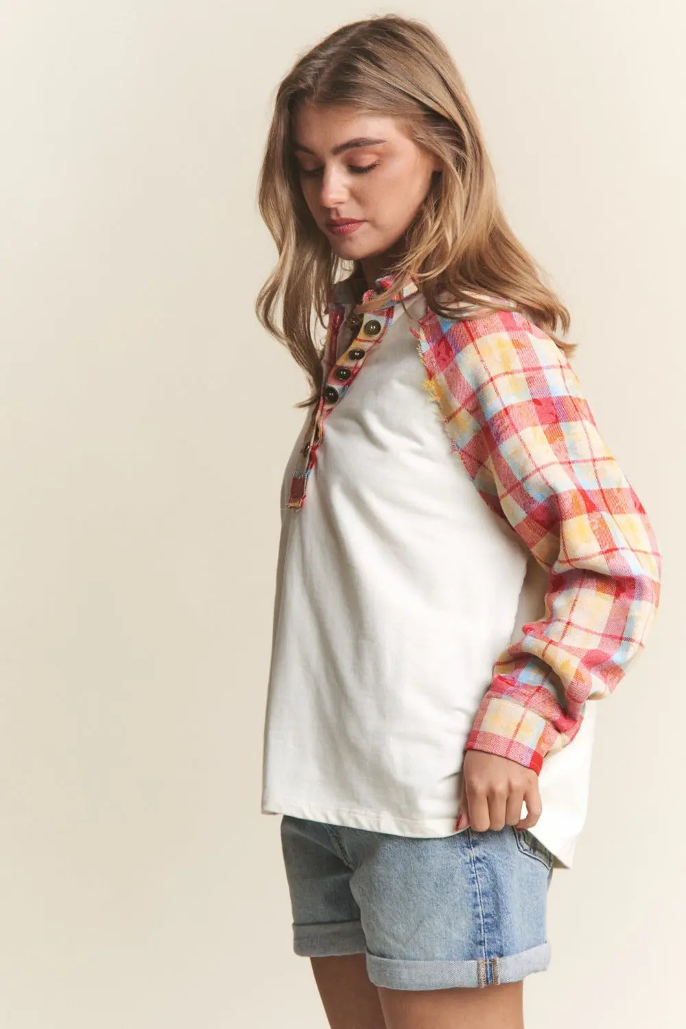 J.NNA Plaid Contrast Button Down Henley Top Trendsi