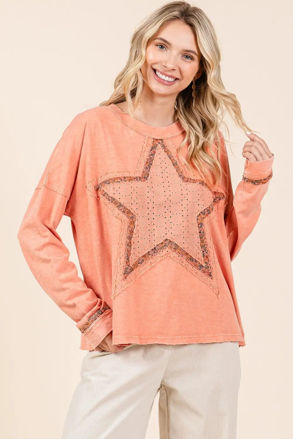 Mittoshop Mineral Wash Star Patch Long Sleeve T-Shirt Trendsi