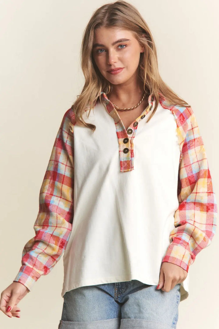 J.NNA Plaid Contrast Button Down Henley Top Trendsi