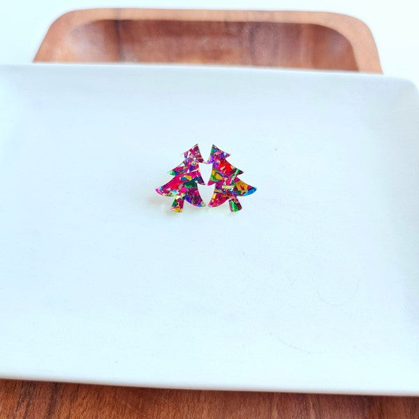 Holiday Christmas Tree Studs - Pink Sparkle Spiffy & Splendid