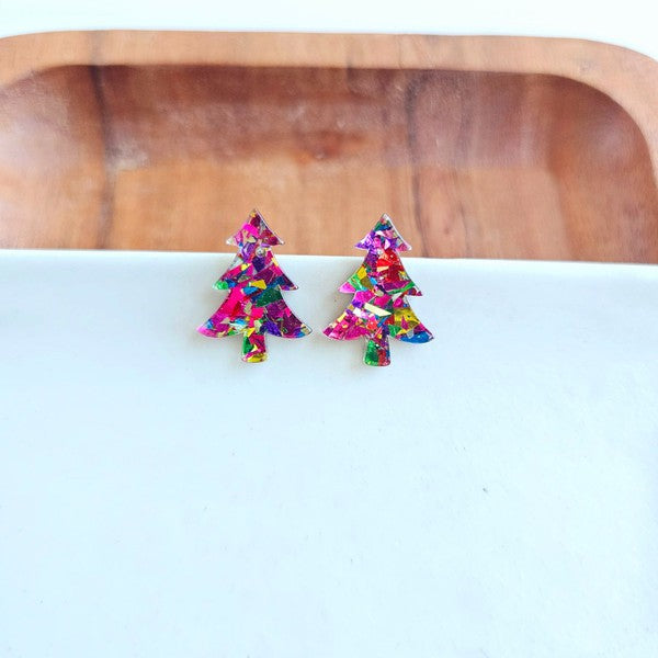 Holiday Christmas Tree Studs - Pink Sparkle Spiffy & Splendid