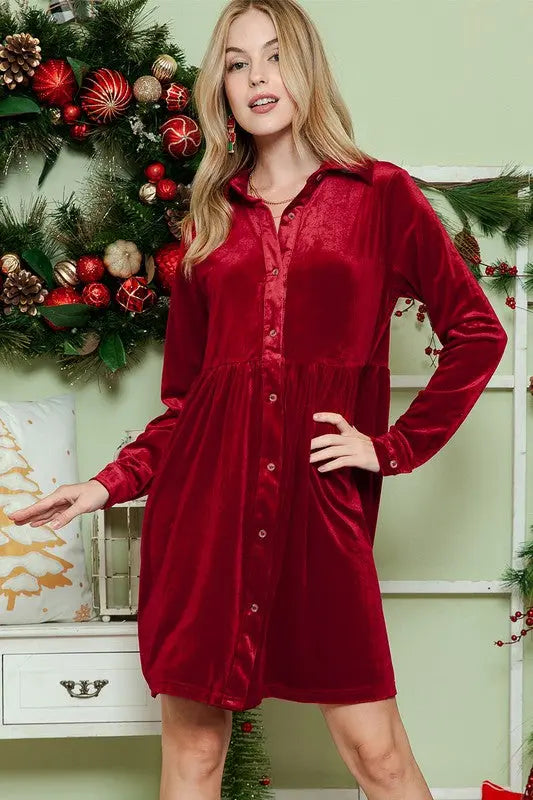 Button down Velvet long sleeve dress EG fashion