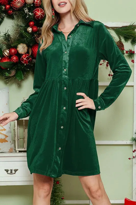 Button down Velvet long sleeve dress EG fashion