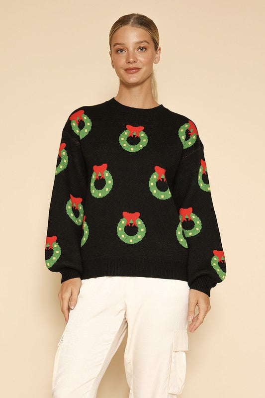 All over wreath holiday knit sweater Miss Sparkling