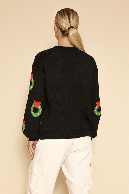 All over wreath holiday knit sweater Miss Sparkling