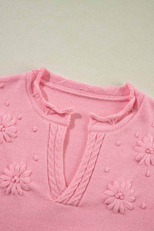 Flower Pattern Knitted Notched Neck Sweater SHEWIN INC.