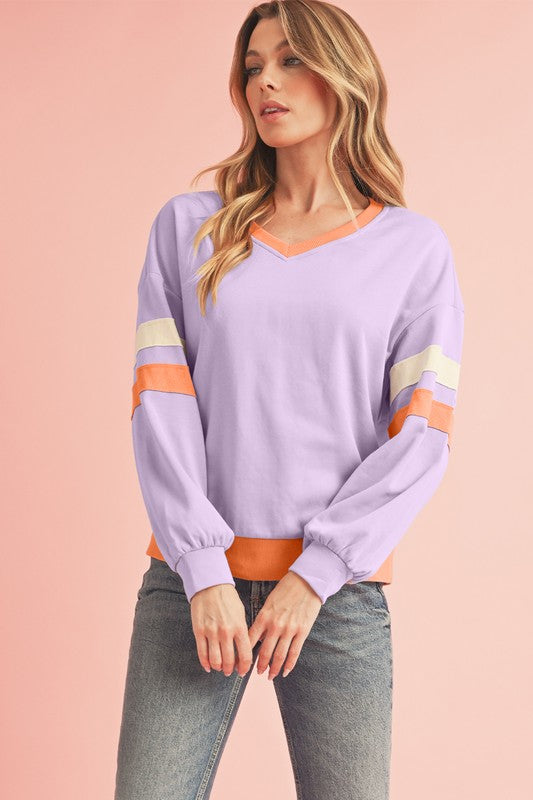 Rib Patchwork Drop Shoulder V Neck Sweatshirt SHEWIN INC.