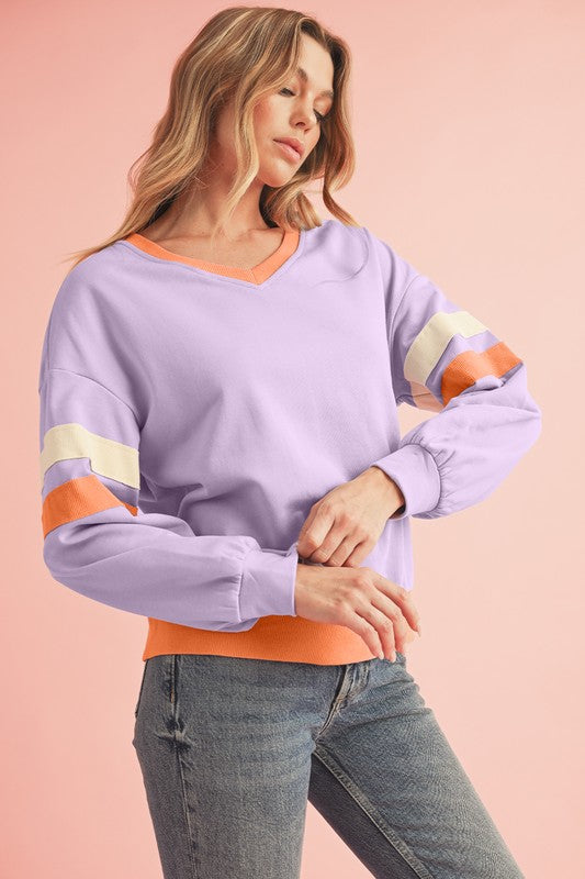 Rib Patchwork Drop Shoulder V Neck Sweatshirt SHEWIN INC.