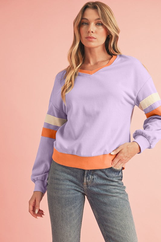 Rib Patchwork Drop Shoulder V Neck Sweatshirt SHEWIN INC.