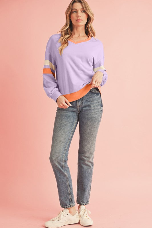 Rib Patchwork Drop Shoulder V Neck Sweatshirt SHEWIN INC.