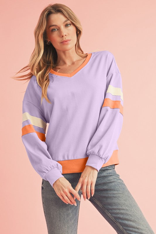 Rib Patchwork Drop Shoulder V Neck Sweatshirt SHEWIN INC.