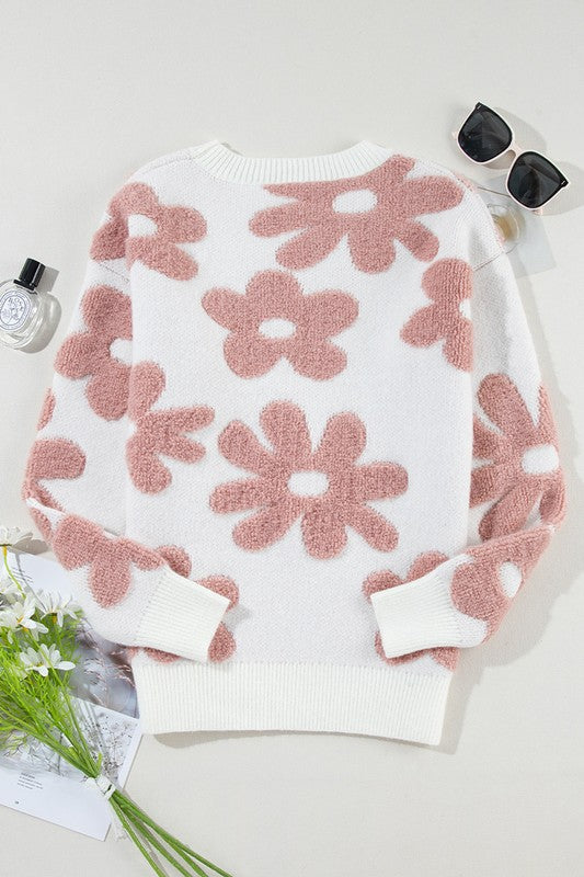 Women Flower Drop Shoulder Loose Sweater YNIQUE