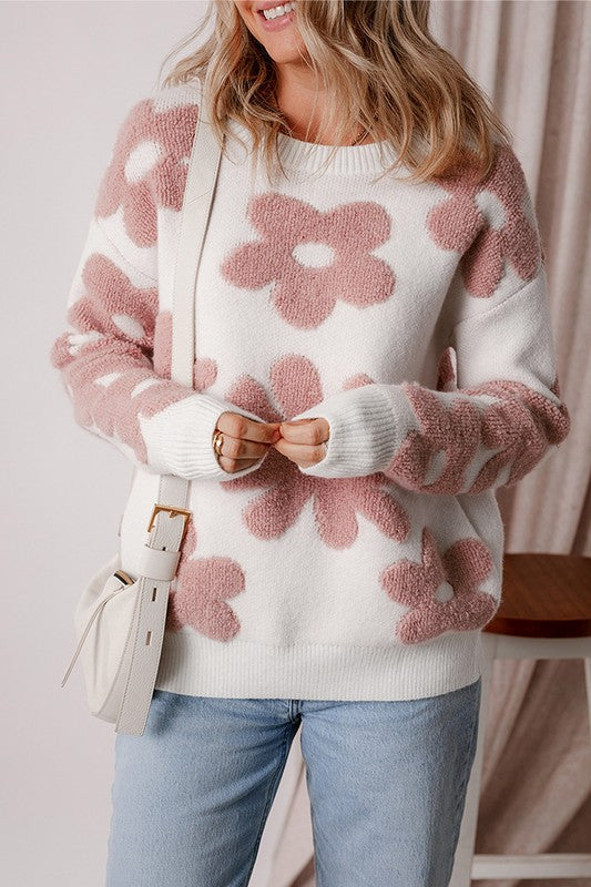 Women Flower Drop Shoulder Loose Sweater YNIQUE