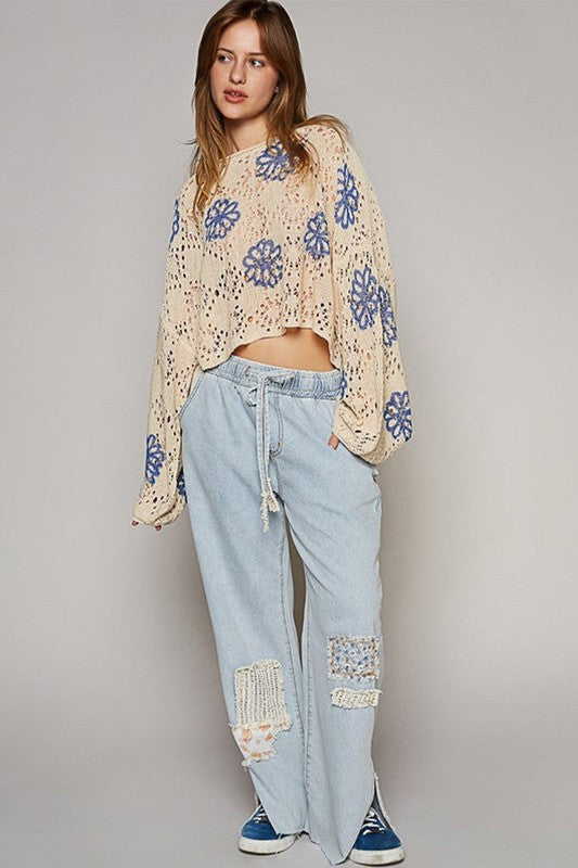 Women Flower Print Eyelet Drop Shoulder Sweater YNIQUE