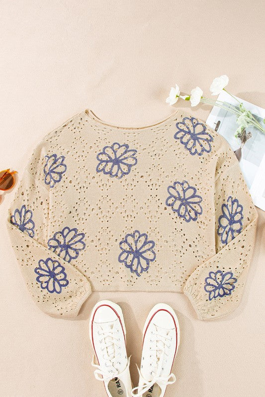 Women Flower Print Eyelet Drop Shoulder Sweater YNIQUE