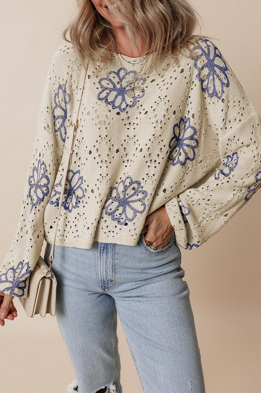 Women Flower Print Eyelet Drop Shoulder Sweater YNIQUE