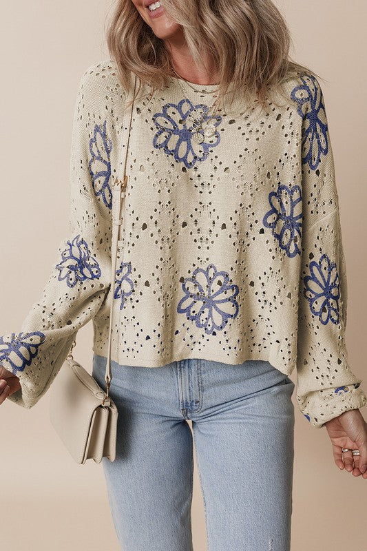 Women Flower Print Eyelet Drop Shoulder Sweater YNIQUE