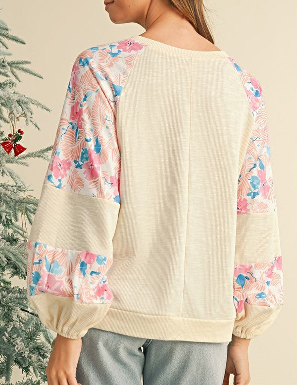 cotton Ribbed Floral Stitch Balloon Pull Over EG fashion