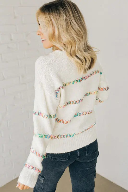 White Crossed Stitch Drop Shoulder Sweater YNIQUE