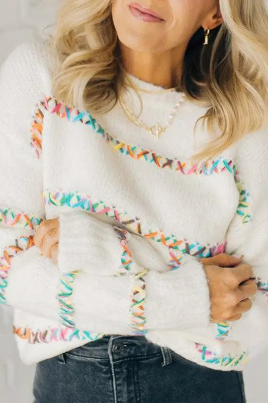 White Crossed Stitch Drop Shoulder Sweater YNIQUE