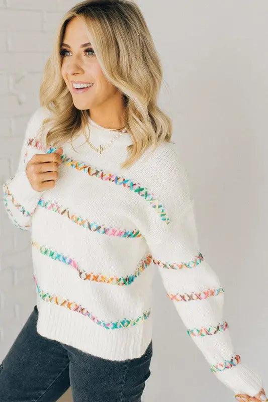 White Crossed Stitch Drop Shoulder Sweater YNIQUE