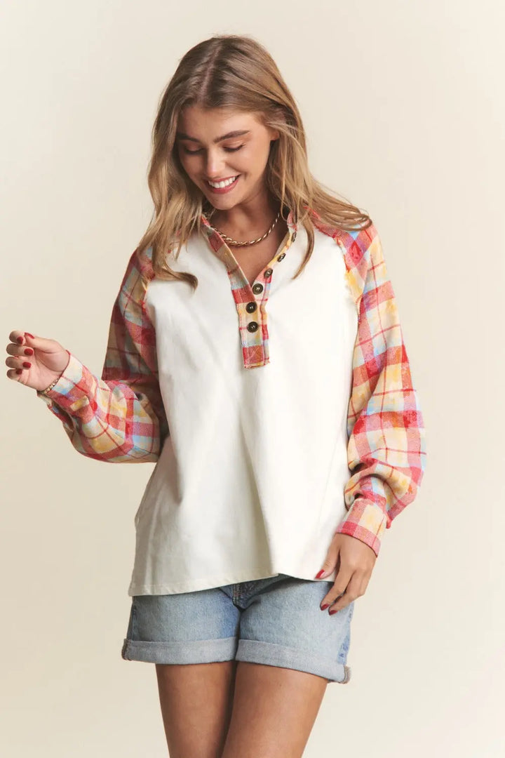 J.NNA Plaid Contrast Button Down Henley Top Trendsi