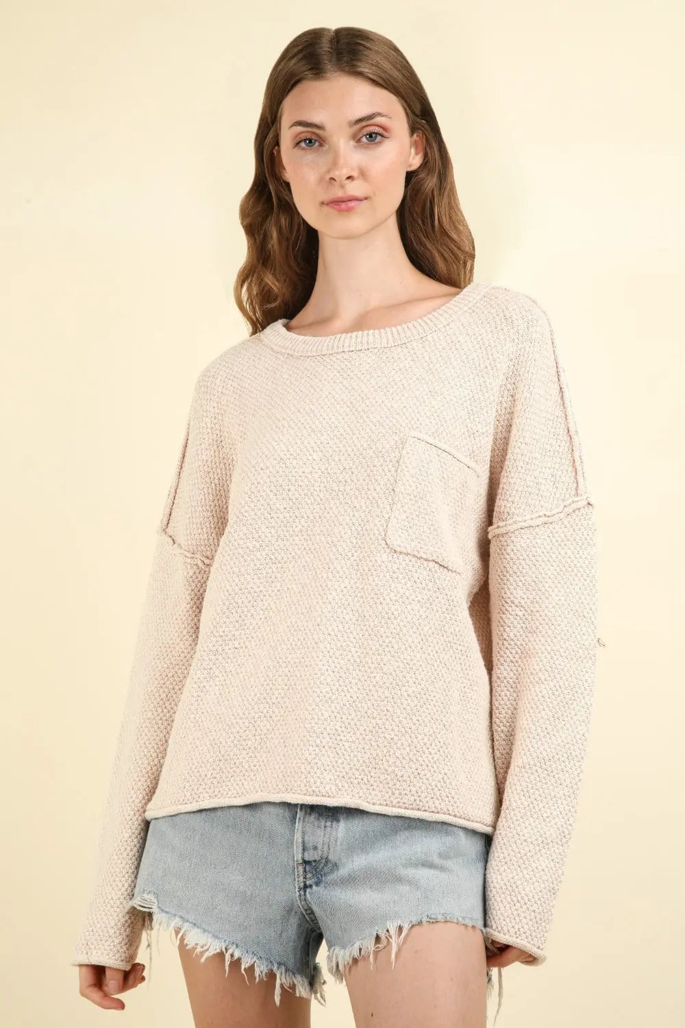 VERY J Mineral Washed Exposed Seam Sweater Trendsi