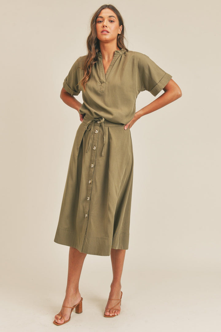 MABLE Short Sleeve Top and Button Down Midi Skirt Set Trendsi