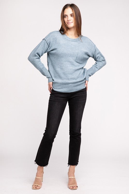 Melange Hi-Low Hem Round Neck Sweater ZENANA