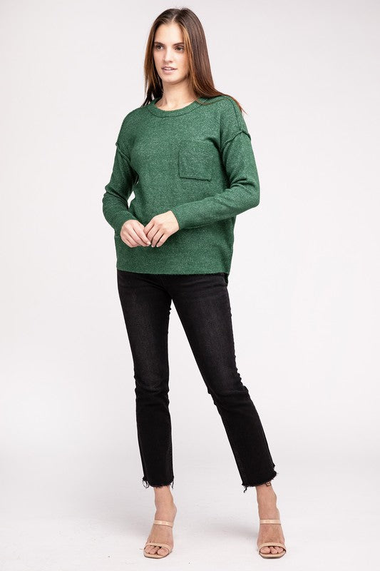 Melange Hi-Low Hem Round Neck Sweater ZENANA