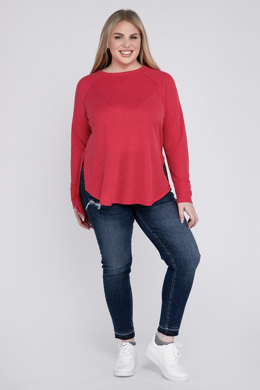 Plus Melange Baby Waffle Long Sleeve Top ZENANA