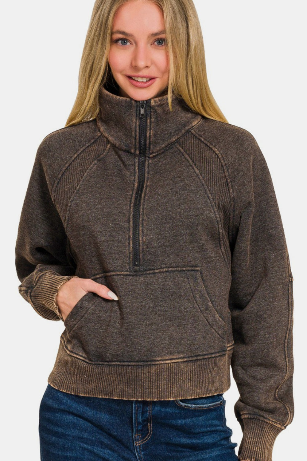 Zenana Acid Washed Half Zip Fleece Sweatshirt Trendsi