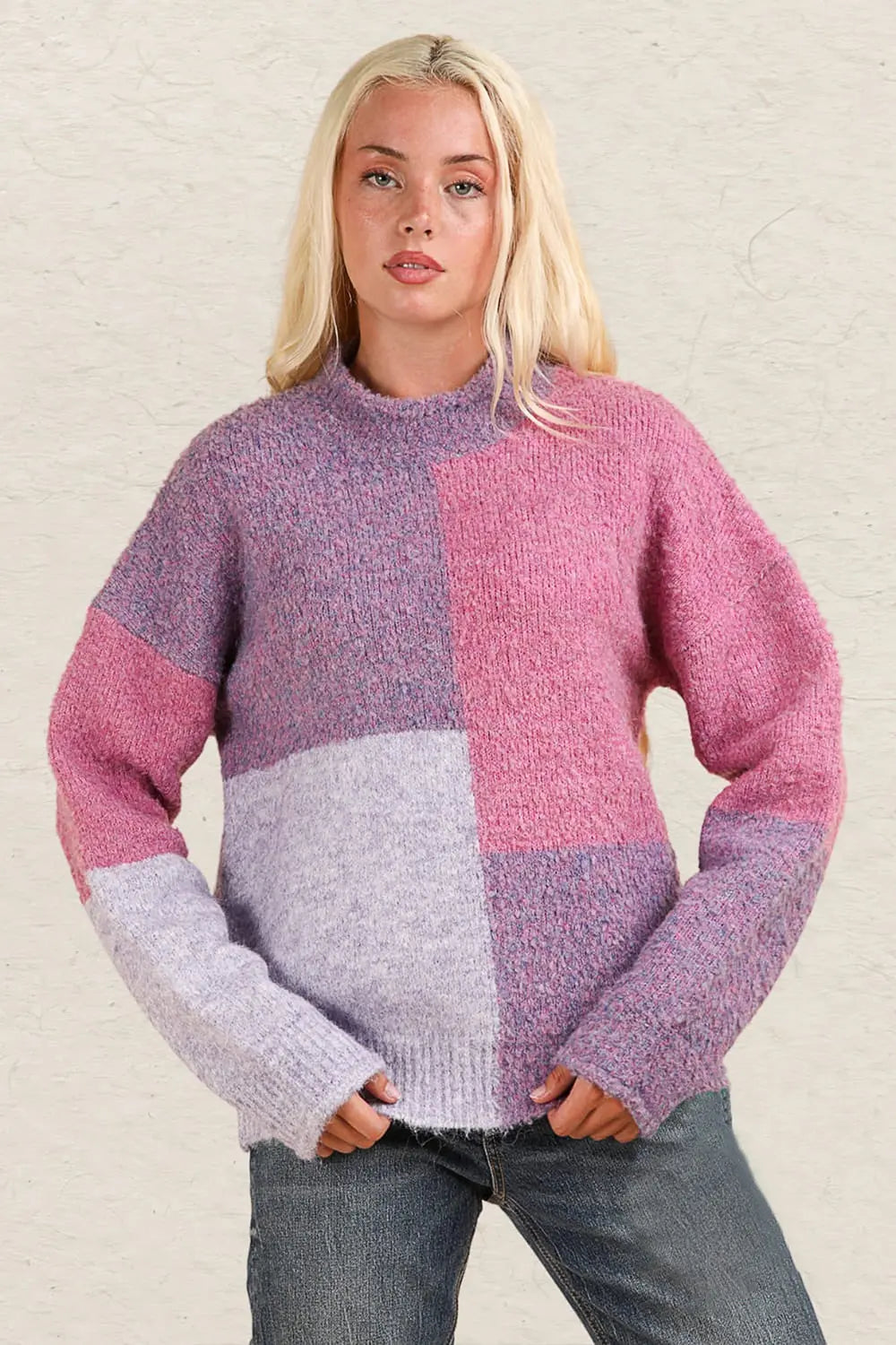 VERY J Color Block Mock Neck Drop Shoulder Sweater Trendsi