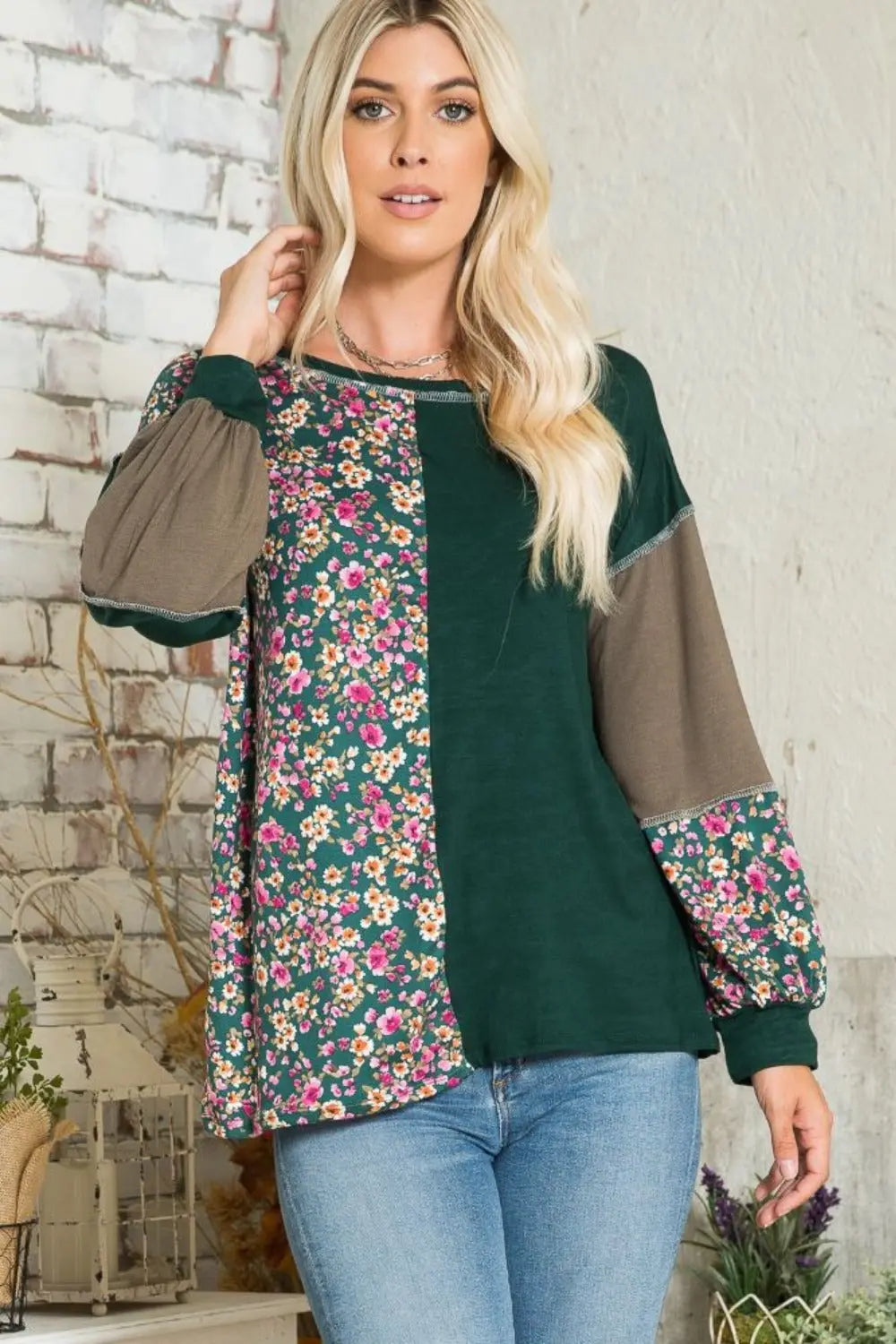 Celeste Full Size Floral Color Block Exposed Seam T-Shirt Trendsi