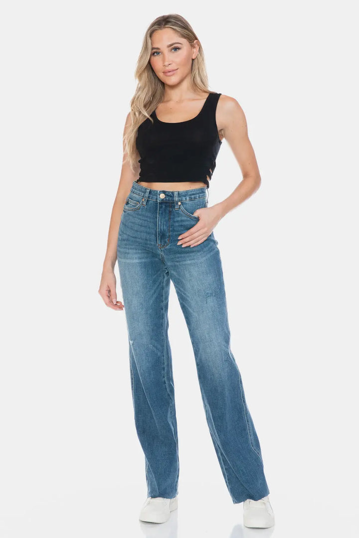 Judy Blue Full Size Tummy Control Cut Raw Hem Straight Jeans Trendsi