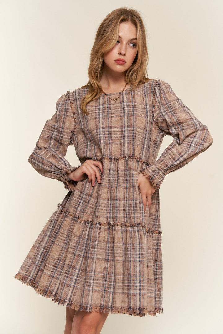 And The Why Full Size Washed Frayed Tiered Plaid Dress Trendsi